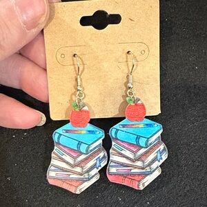 Colorful Book Stack Earrings with Red Apple